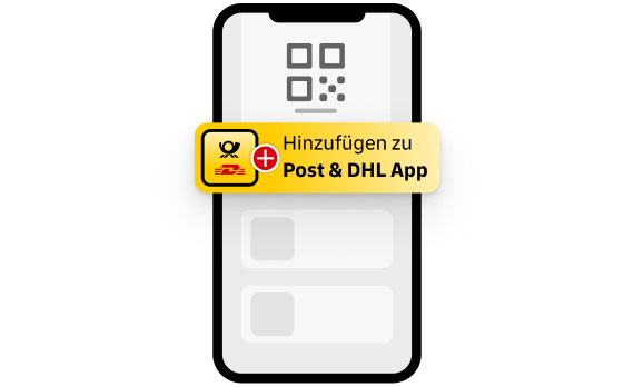 Grafische Abbildung eines Handys, auf dem eine gelbe Schaltfläche mit Post & DHL Logo und Plus-Symbol das Hinzufügen der Marke anzeigt.